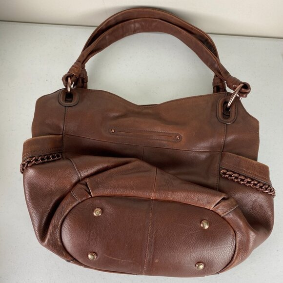 B. Makowsky Leather Rose Gold Purse Satchel Brown Chain Detail Alice Nappa - Picture 4 of 8